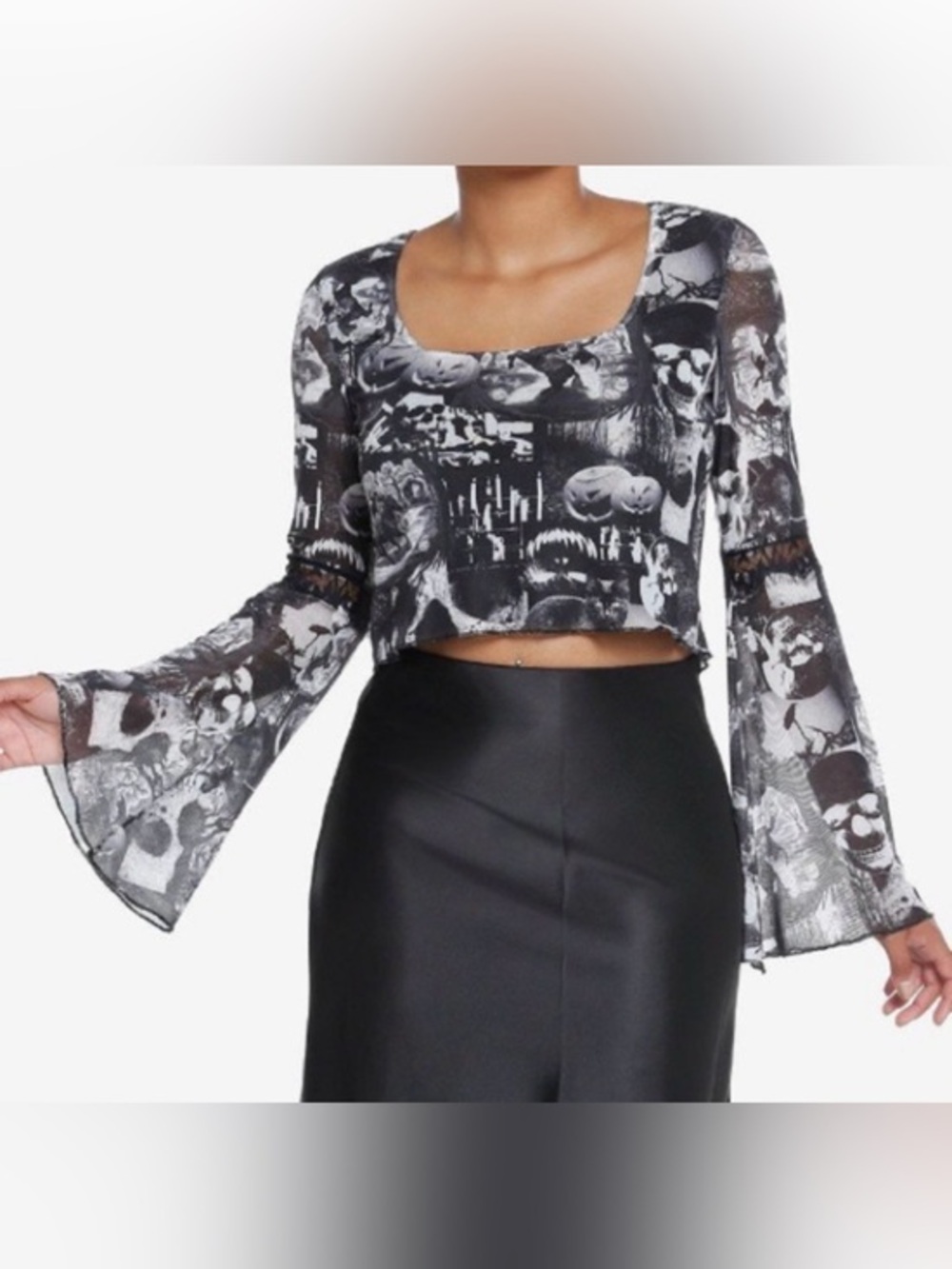 Rare Social Collision Gothic Sleepy Hollow Pumpkin Bell Sleeve Crop Top SM